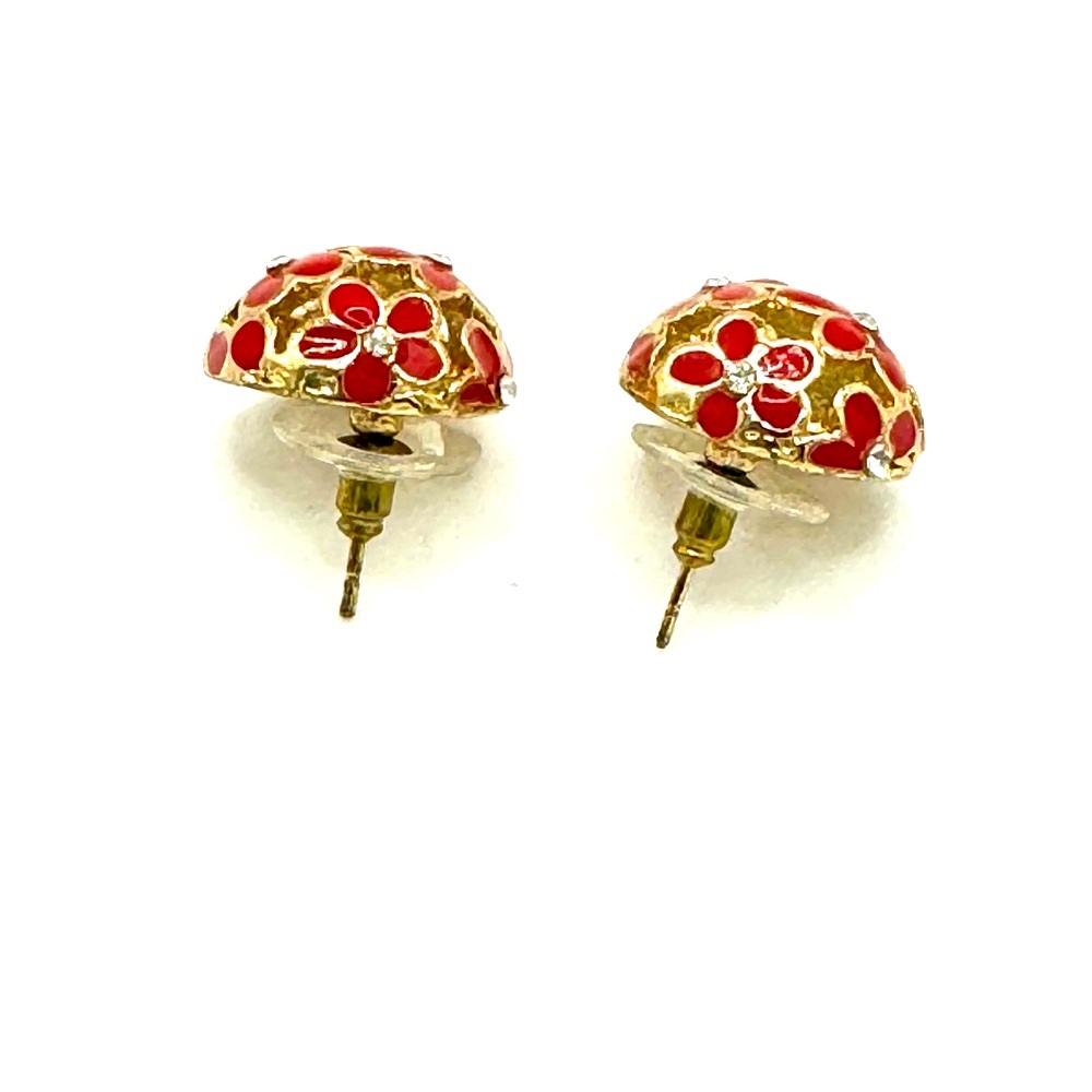 Ruby Red And Rhinestone Daisy Button Pierced Earr… - image 3